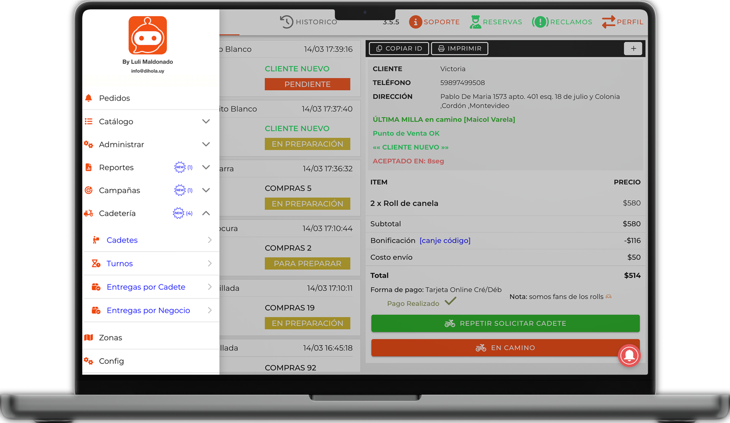 Portal DiHola: solicitar cadete On Demand desde el detalle del pedido